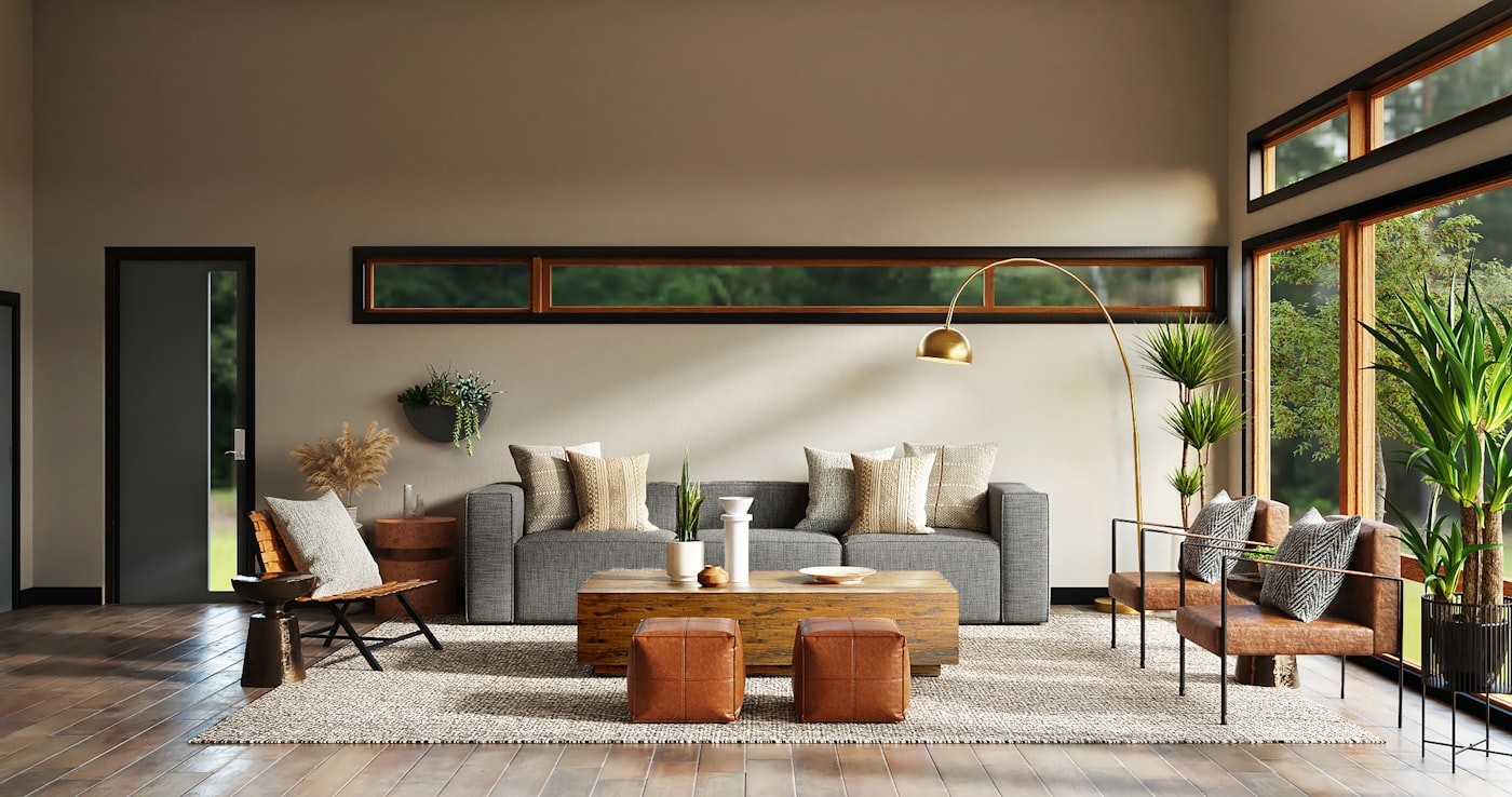 Zurückhaltend gestalteter Hotelinnenraum mit Stein, Holz und Textil
